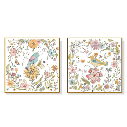 Wall Art 40cmx40cm Floral birds 2 Sets Gold Frame Canvas