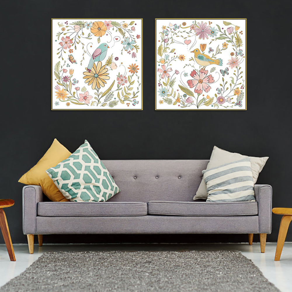 Wall Art 40cmx40cm Floral birds 2 Sets Gold Frame Canvas