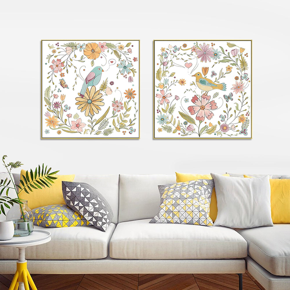 Wall Art 90cmx90cm Floral birds 2 Sets Gold Frame Canvas