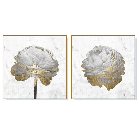 Wall Art 100cmx100cm Gold And White Blossom On White 2 Sets Gold Frame Canvas