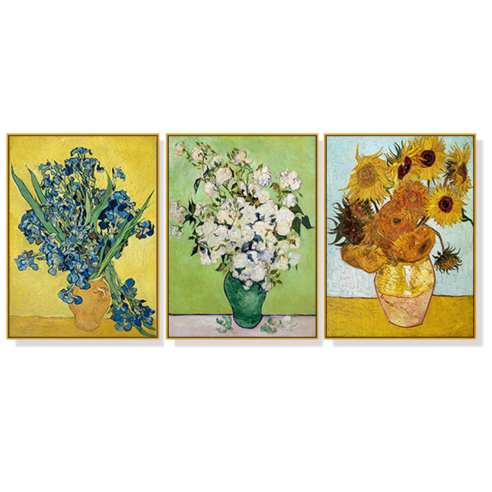 Wall Art 70cmx100cm Van Gogh sunflowers Roses 3 Sets Gold Frame Canvas