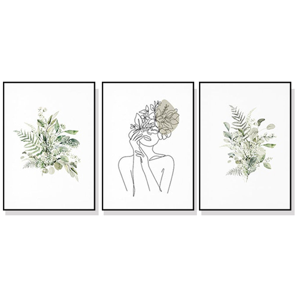 Wall Art 70cmx100cm Botanical Line Girl 3 Sets Black Frame Canvas