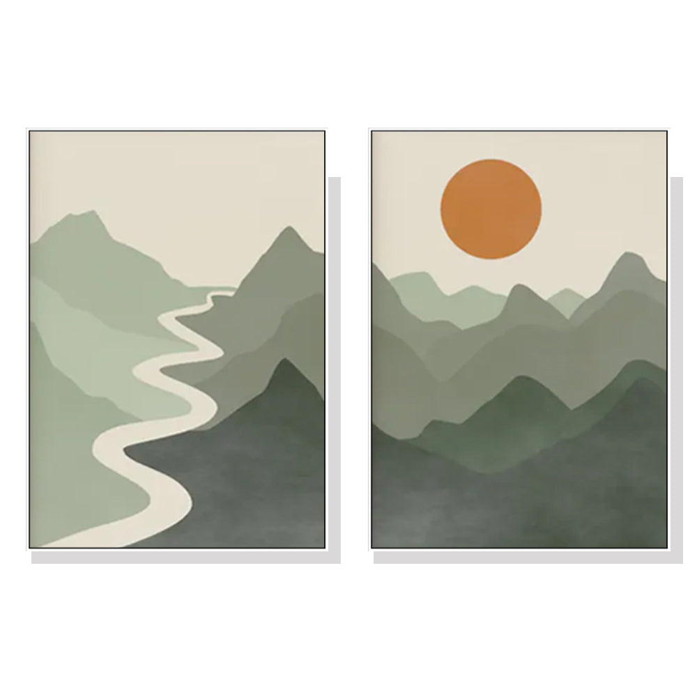 Wall Art 40cmx60cm Sage Green River Mountain 2 Sets White Frame Canvas