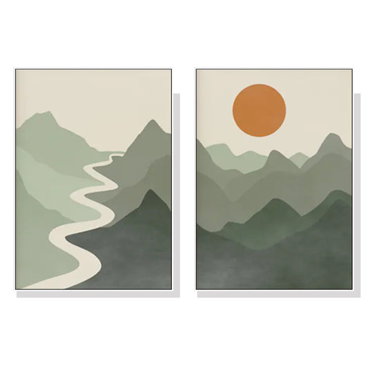 Wall Art 80cmx120cm Sage Green River Mountain 2 Sets White Frame Canvas