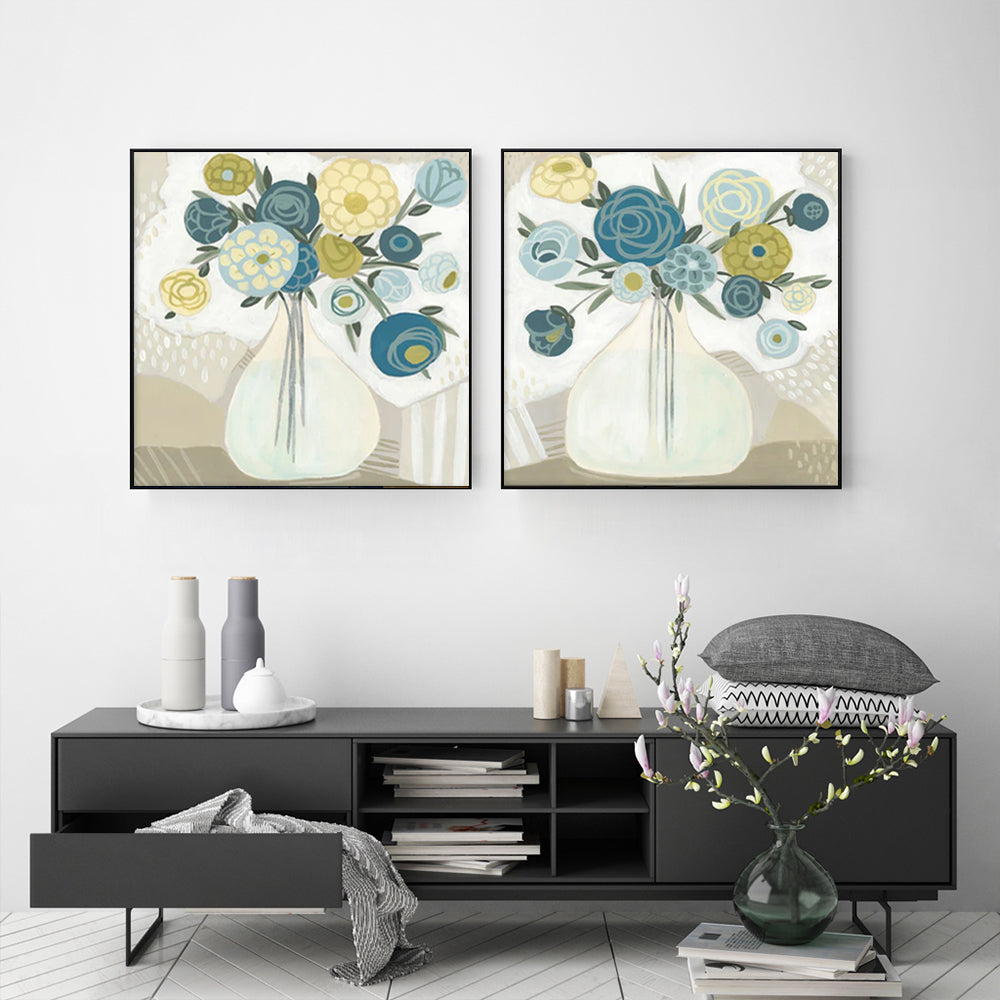 Wall Art 40cmx40cm Blue Bouquet 2 Sets Black Frame Canvas