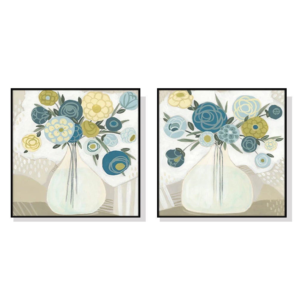 Wall Art 90cmx90cm Blue Bouquet 2 Sets Black Frame Canvas