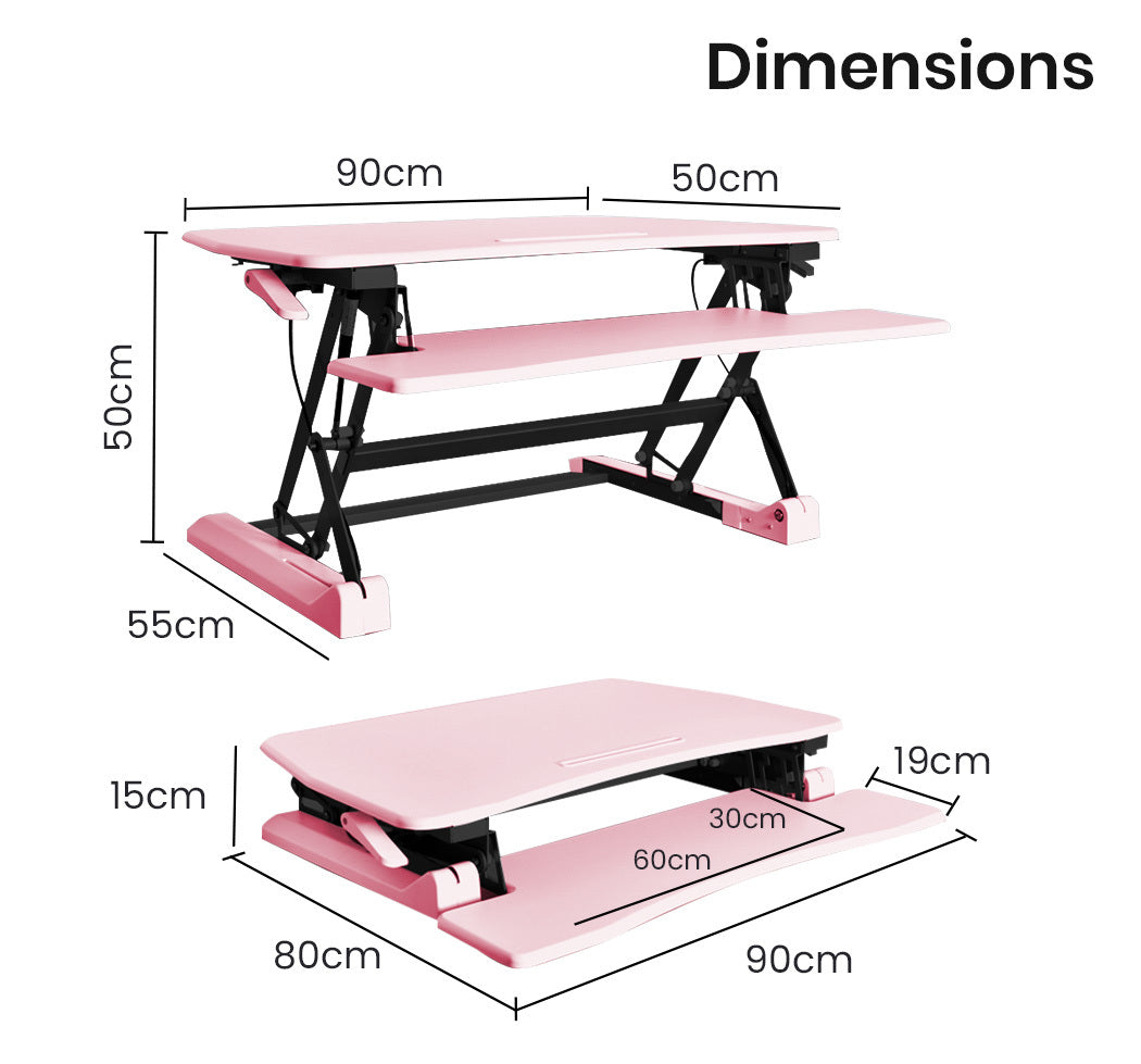 Fortia Desk Riser 90cm Wide Adjustable Sit to Stand for Dual Monitor, Keyboard, Laptop, Pink