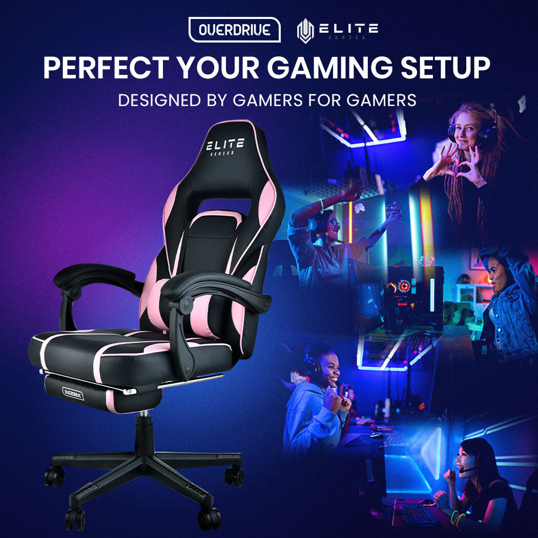 OVERDRIVE Gaming Chair Pink Racing Computer Office Ergonomic Reclining Footrest