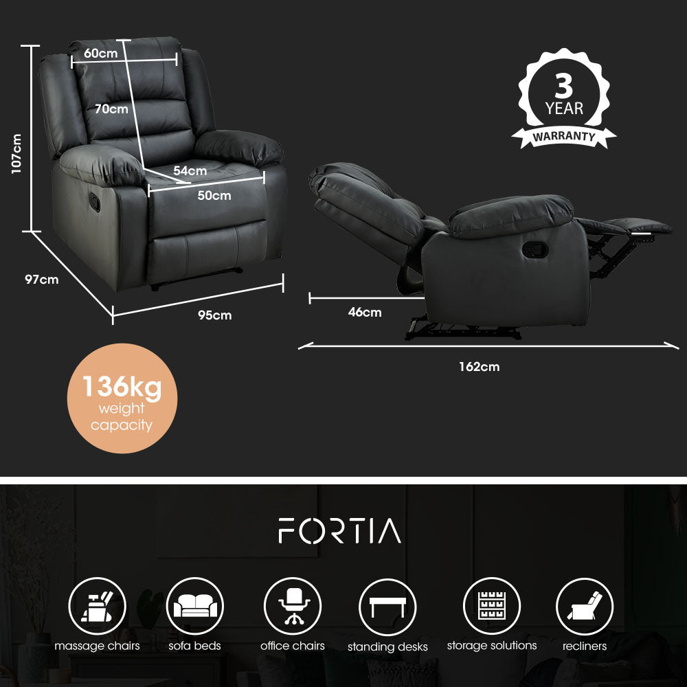 FORTIA Luxury Recliner Faux Leather Chair Lounge Sofa Couch, Black