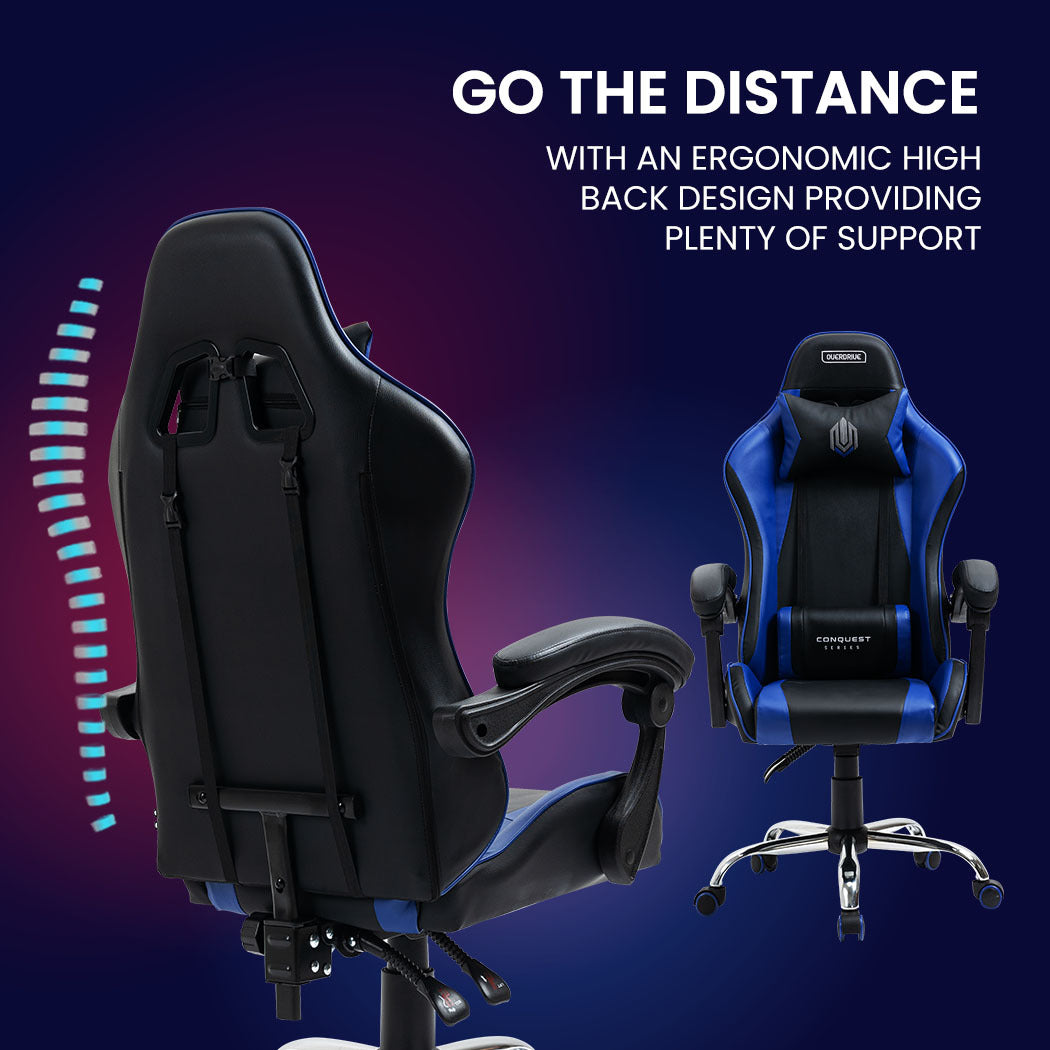 OVERDRIVE Conquest Series Reclining Gaming Ergonomic Office Chair with Lumbar and Neck Pillows, Black and Blue