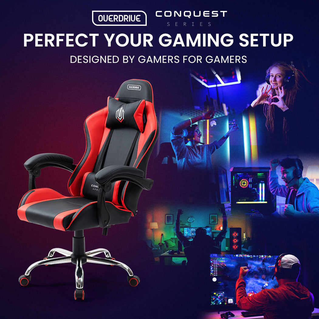 OVERDRIVE Conquest Series Reclining Gaming Ergonomic Office Chair with Lumbar and Neck Pillows, Black and Red