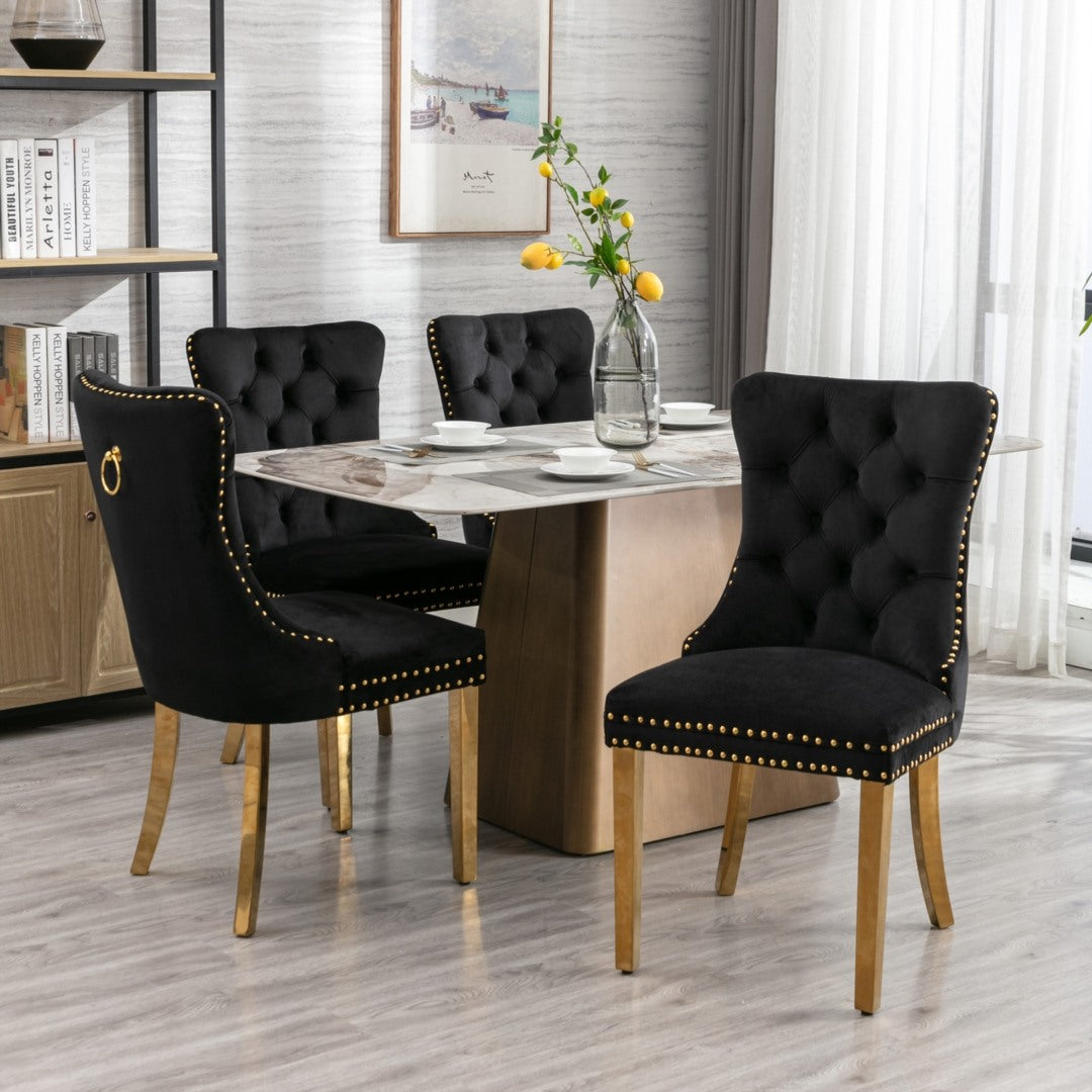 4x Velvet Dining Chairs with Golden Metal Legs-Black