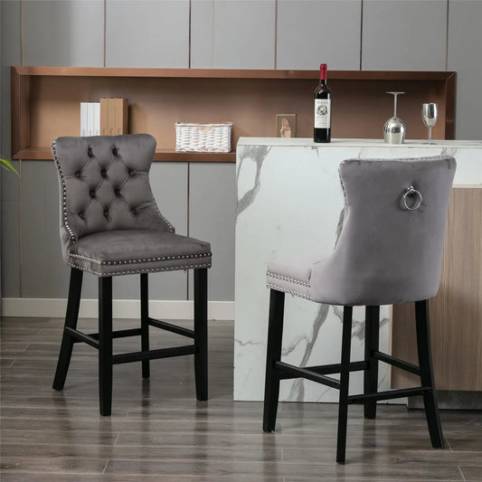 2X Velvet Bar Stools with Studs Trim Wooden Legs Tufted Dining Chairs Kitchen