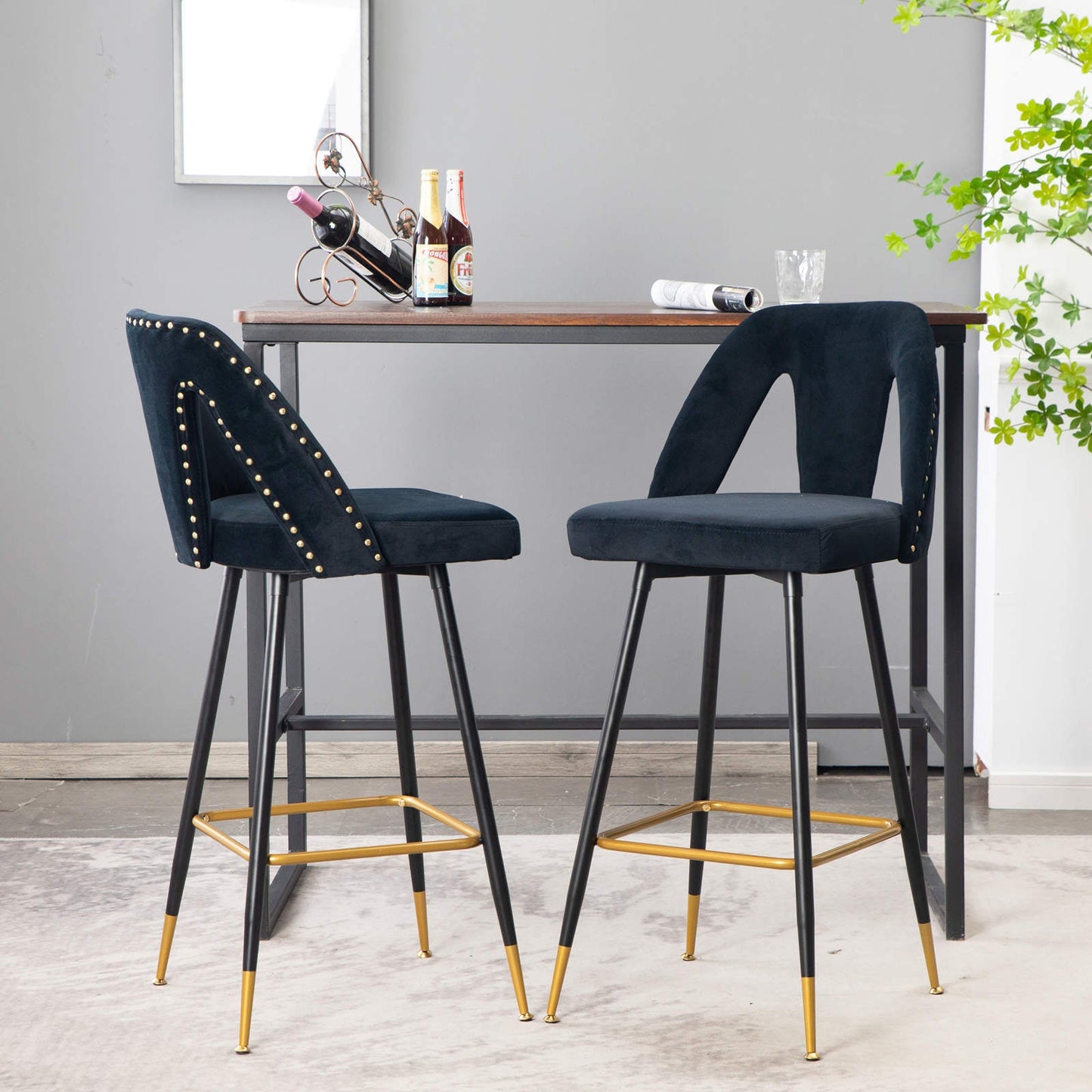 2x Velvet Bar Stool Gold Metal Legs Barstool Kitchen Nailhead Dining Chair