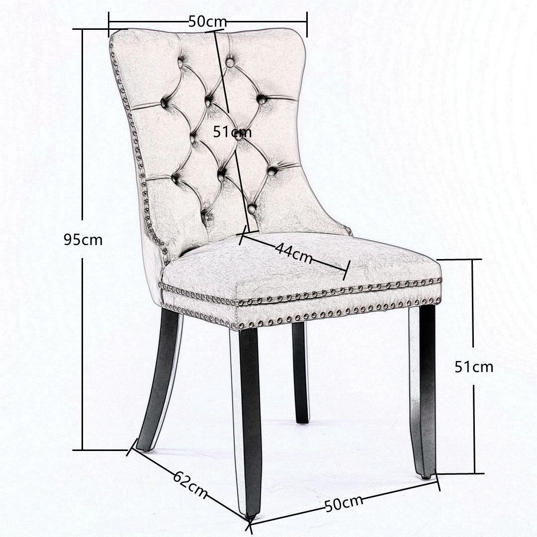 6x Velvet Dining Chairs Upholstered Tufted Kithcen Chair with Solid Wood Legs Stud Trim and Ring-Beige