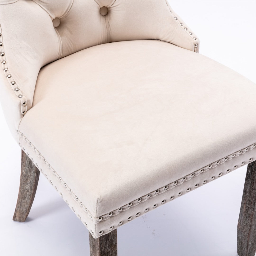 8x Velvet Dining Chairs Upholstered Tufted Kithcen Chair with Solid Wood Legs Stud Trim and Ring-Beige