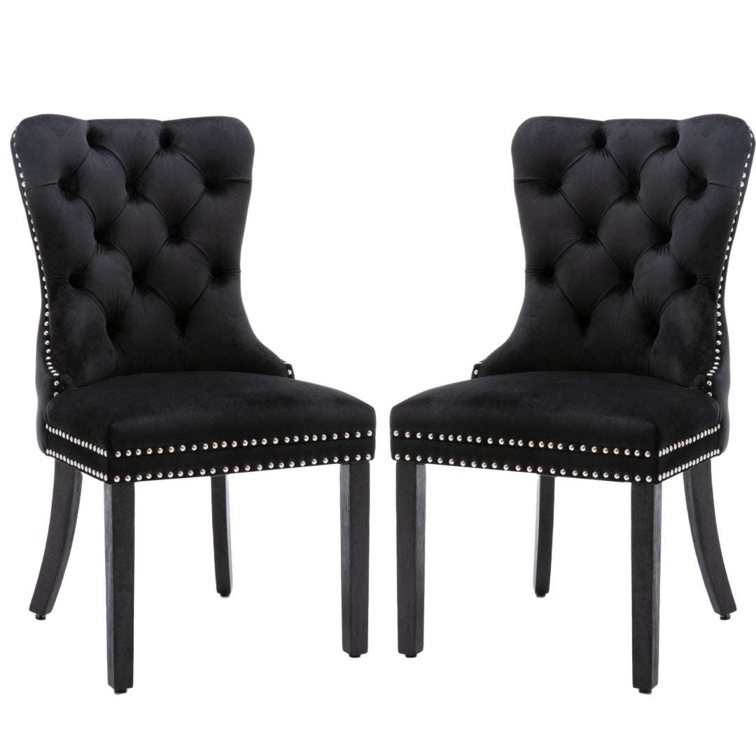 8x Velvet Dining Chairs Upholstered Tufted Kithcen Chair with Solid Wood Legs Stud Trim and Ring-Black