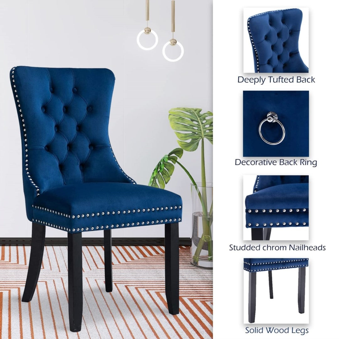 6x Velvet Dining Chairs Upholstered Tufted Kithcen Chair with Solid Wood Legs Stud Trim and Ring-Blue