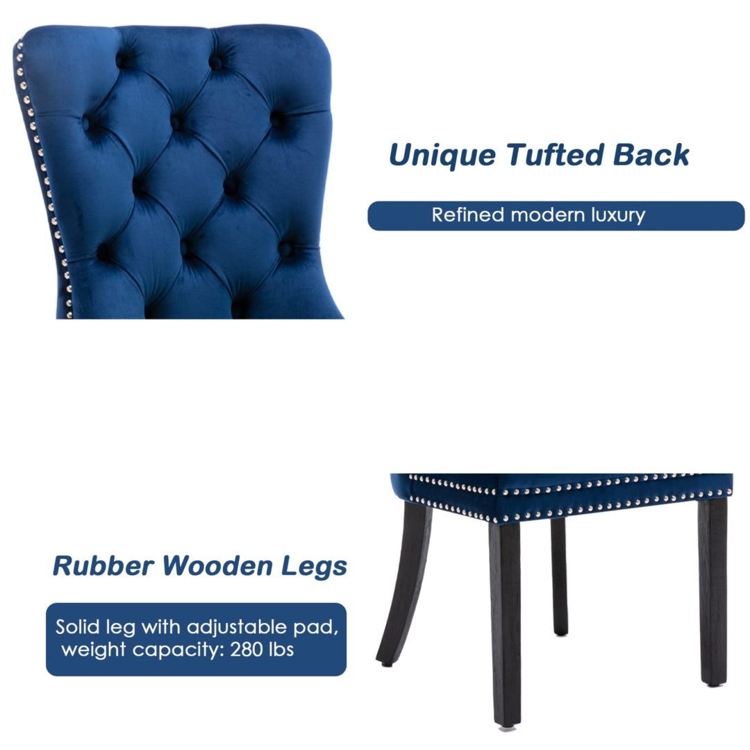 6x Velvet Dining Chairs Upholstered Tufted Kithcen Chair with Solid Wood Legs Stud Trim and Ring-Blue