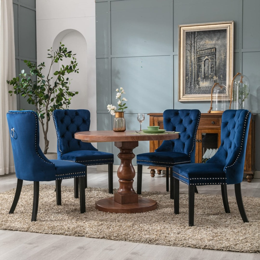 8x Velvet Dining Chairs Upholstered Tufted Kithcen Chair with Solid Wood Legs Stud Trim and Ring-Blue