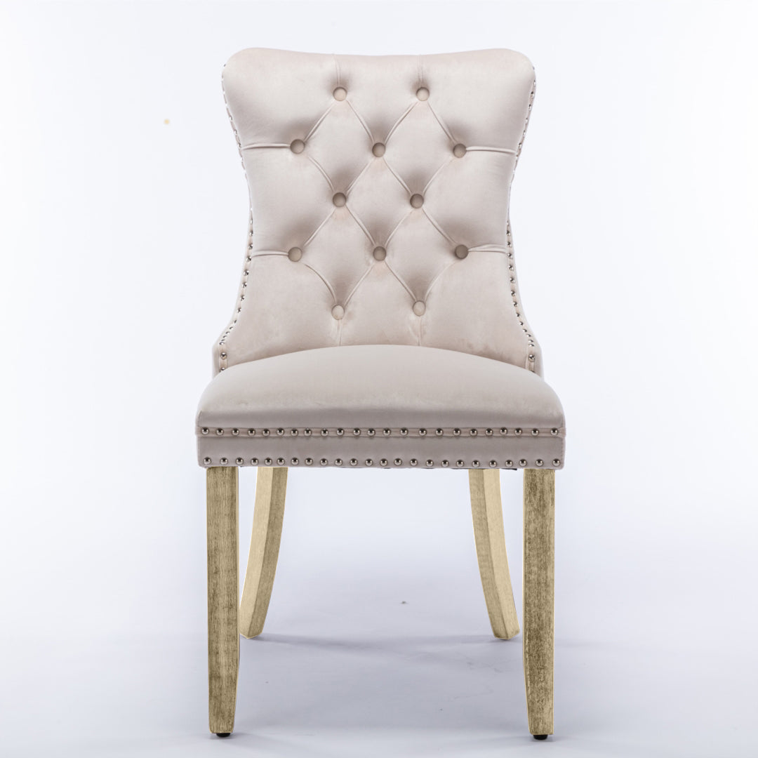 2x Velvet Dining Chairs Upholstered Tufted Kithcen Chair with Solid Wood Legs Stud Trim and Ring-Beige