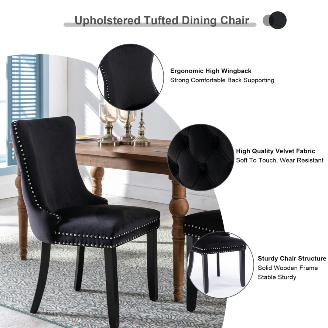 4x Velvet Upholstered Dining Chairs Tufted Wingback Side Chair with Studs Trim Solid Wood Legs for Kitchen