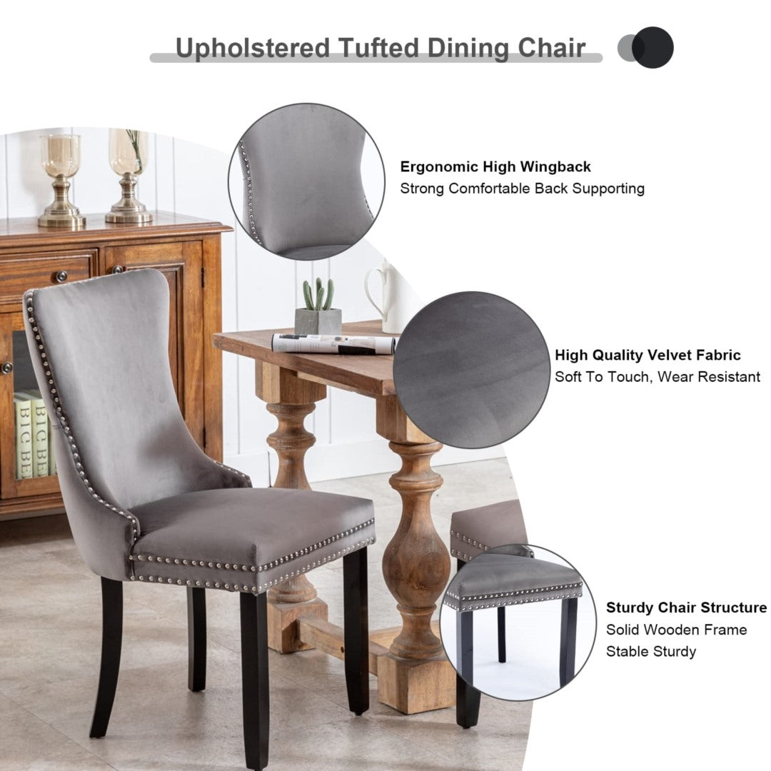 6x Velvet Upholstered Dining Chairs Tufted Wingback Side Chair with Studs Trim Solid Wood Legs for Kitchen