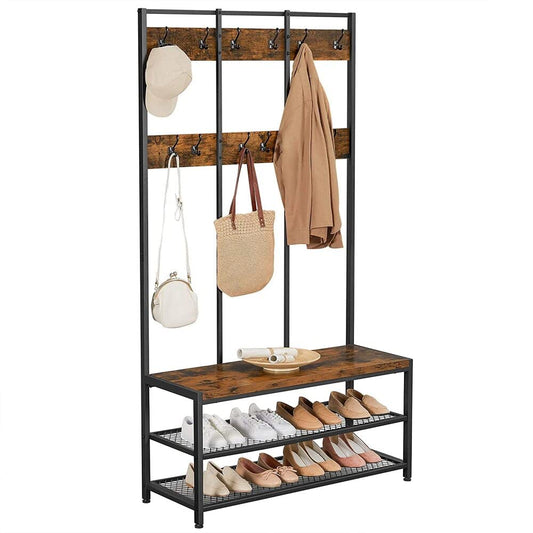 VASAGLE Large Coat Rack Stand Coat Tree with 12 Hooks and Shoe Bench Brown and Black HSR86BX