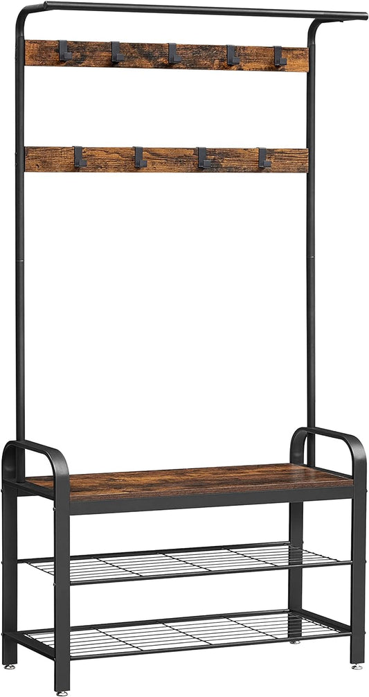 VASAGLE 4-in-1 Coat Rack with Shoe Bench and 9 Removable Hooks Rustic Brown and Black HSR400B01V1