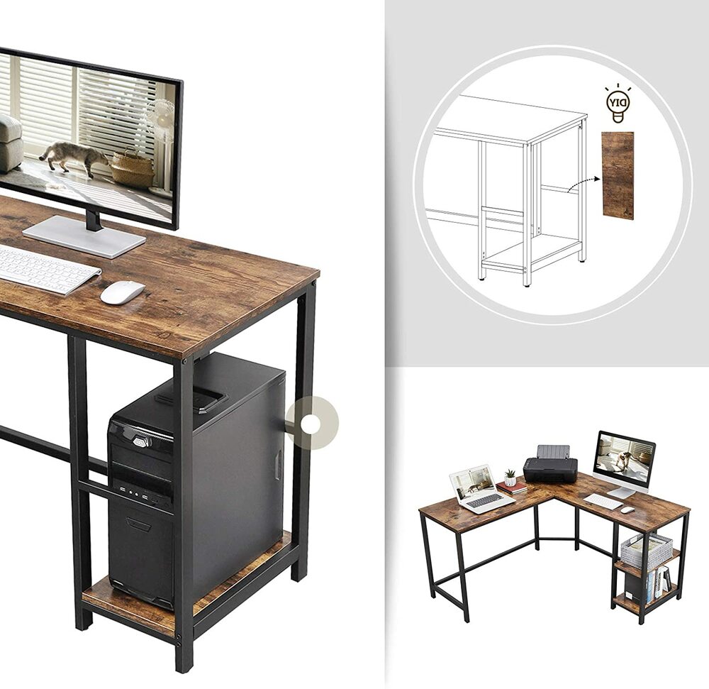 VASAGLE L-Shaped Computer Desk Rustic Brown and Black LWD72X