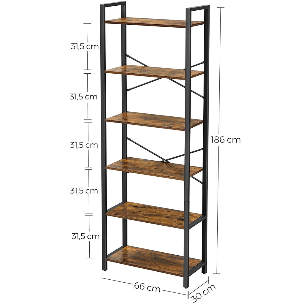 VASAGLE 6-Tier Bookcase Storage Shelf Steel Frame for Living Room Study Office Hallway Industrial Design Vintage Brown Black LLS062B01