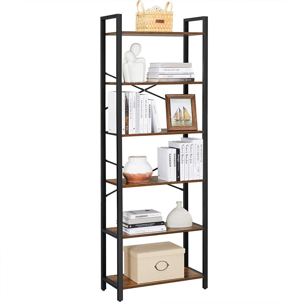 VASAGLE 6-Tier Bookcase Storage Shelf Steel Frame for Living Room Study Office Hallway Industrial Design Vintage Brown Black LLS062B01