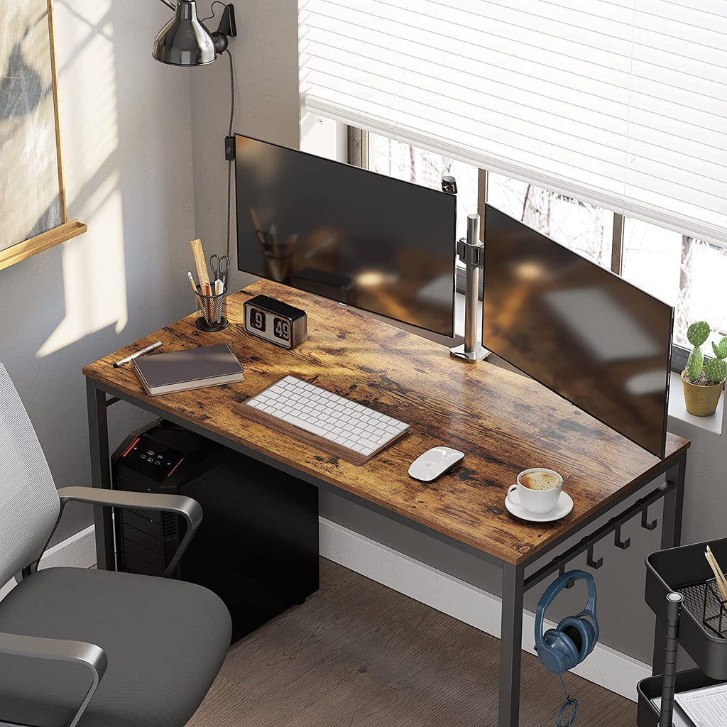 VASAGLE Computer Desk Writing Desk with 8 Hooks Rustic Brown and Black LWD58X