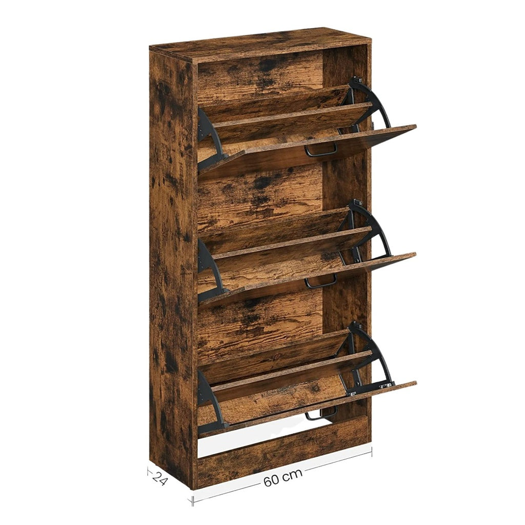 VASAGLE Shoe Cabinet 3 Tier Rustic Brown and Black LBC030X01