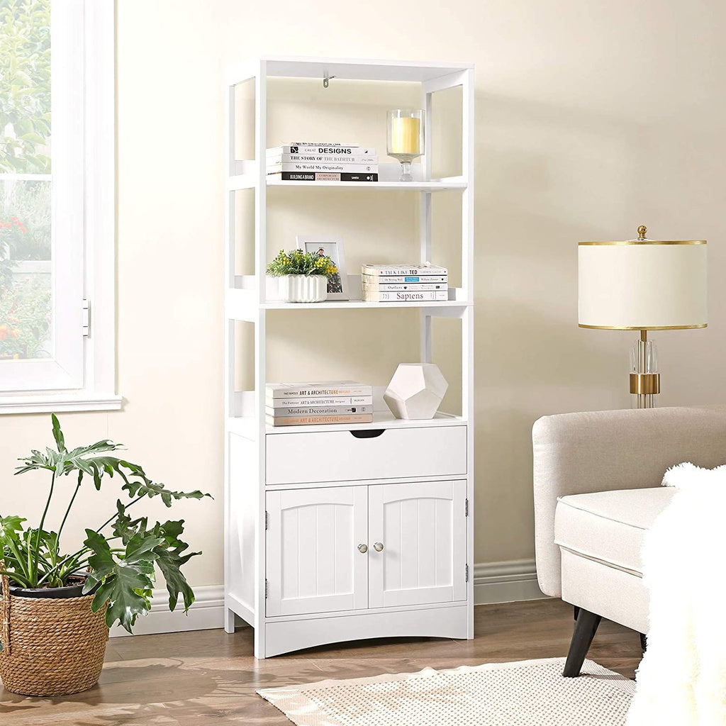 VASAGLE Floor Cabinet with Drawer 3 Open Shelves and Double Doors White BBC67WT