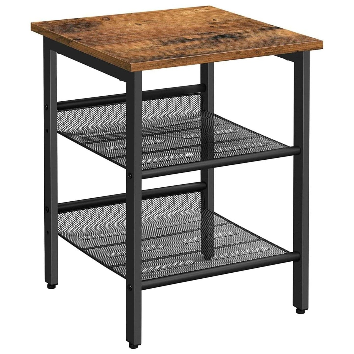 VASAGLE Side Table Nightstand End Table with 2 Adjustable Mesh Shelves Rustic Brown and Black