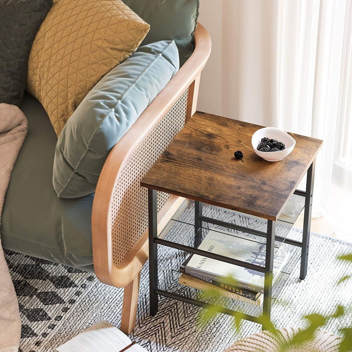 VASAGLE Side Table Nightstand End Table with 2 Adjustable Mesh Shelves Rustic Brown and Black