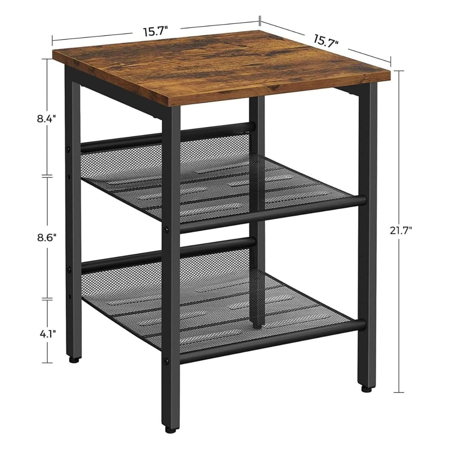 VASAGLE Side Table Nightstand End Table with 2 Adjustable Mesh Shelves Rustic Brown and Black