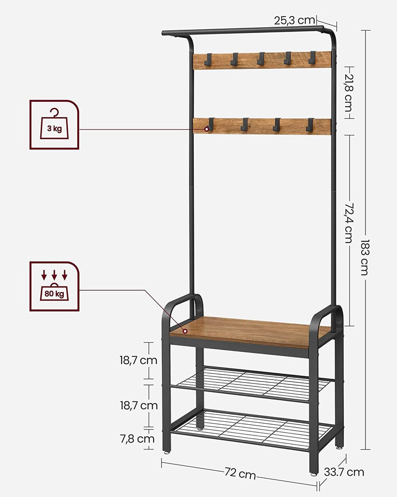 VASAGLE Coat Rack with Shoe Rack 183 cm Height Walnut Brown and Black