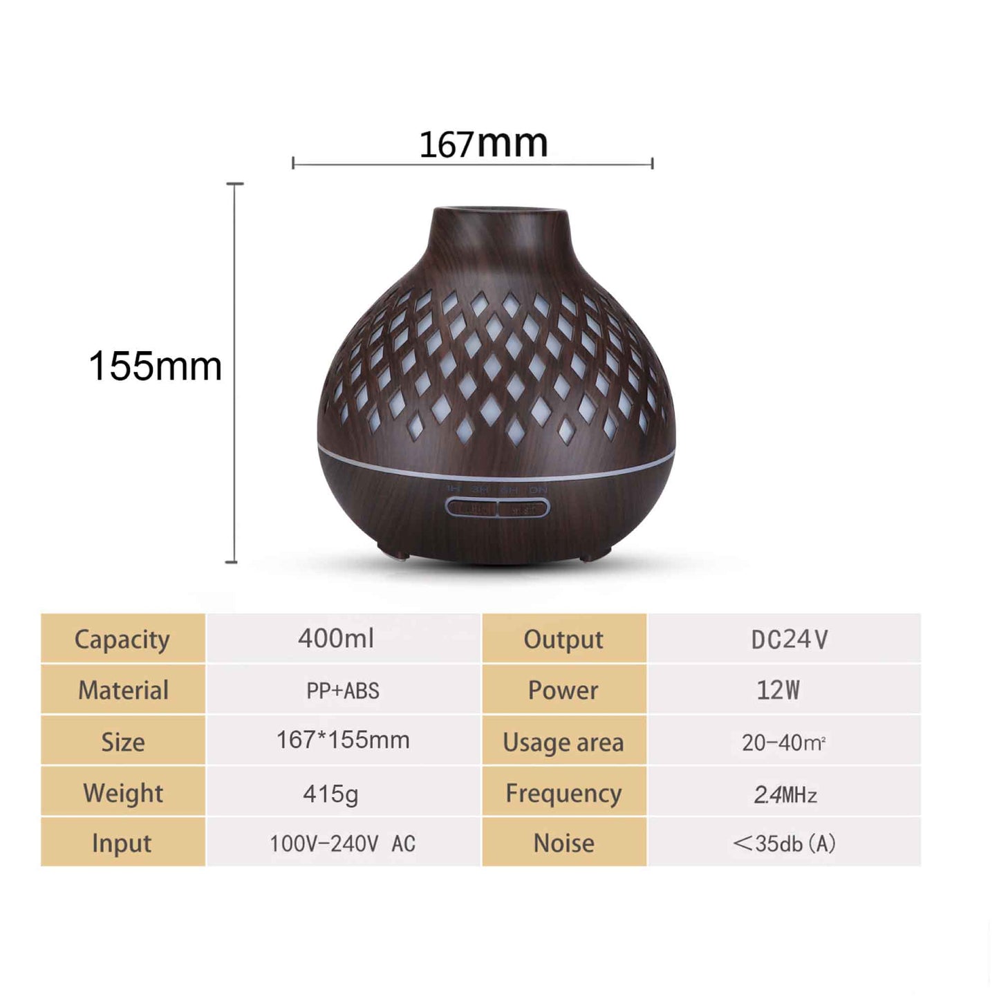 Essential Oil Aroma Diffuser and Remote - 400ml Hollowed Wood Mist Humidifier