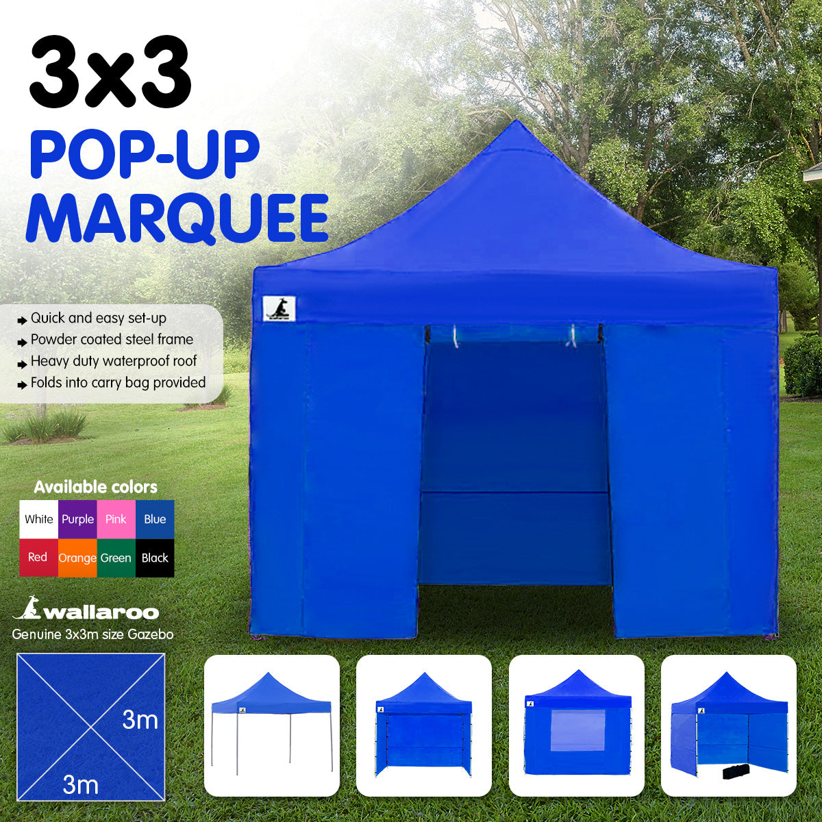 Wallaroo Gazebo Tent Marquee 3x3 PopUp Outdoor- Blue