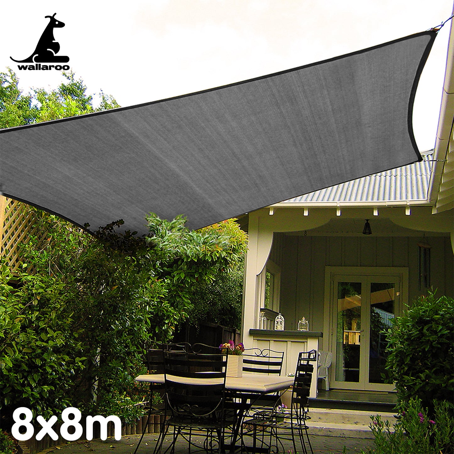 Wallaroo Outdoor Sun Shade Sail Canopy Grey Square 8 x 8M