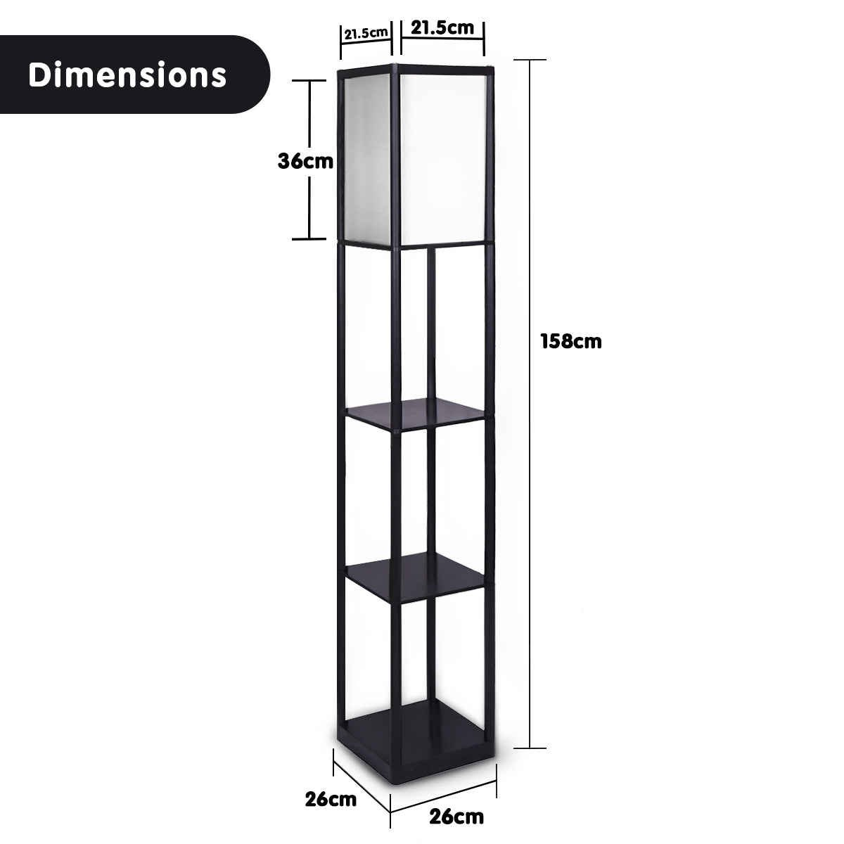 Sarantino Etagere Floor Lamp Shelves in Black Frame Fabric Shade