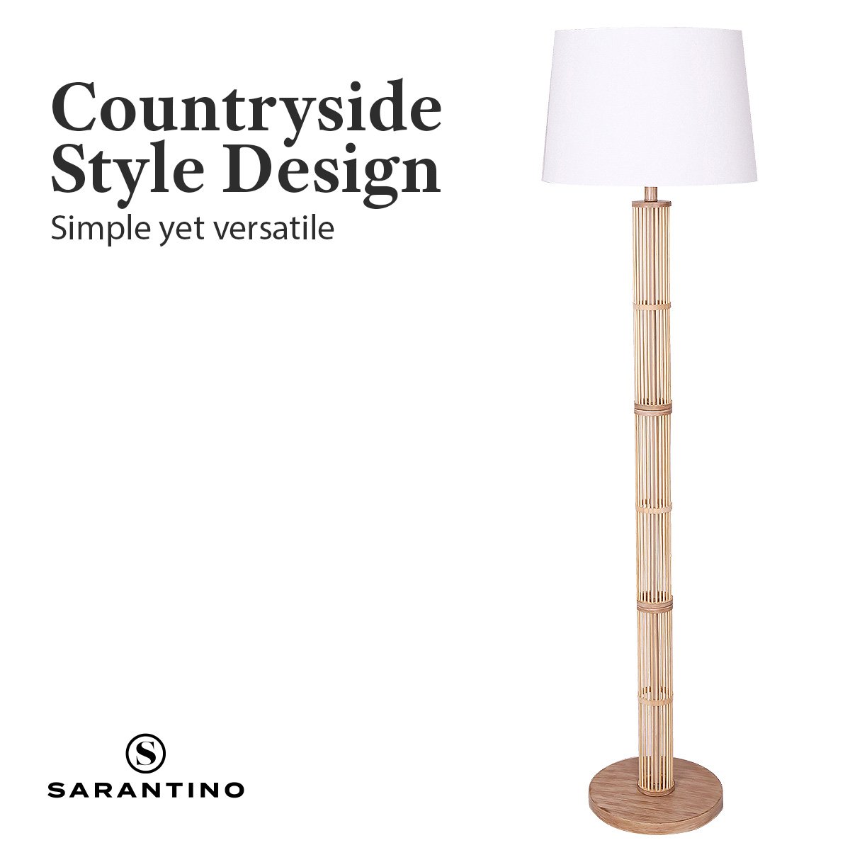 Sarantino Rattan Floor Lamp With Off-White Linen Shade by Sarantino