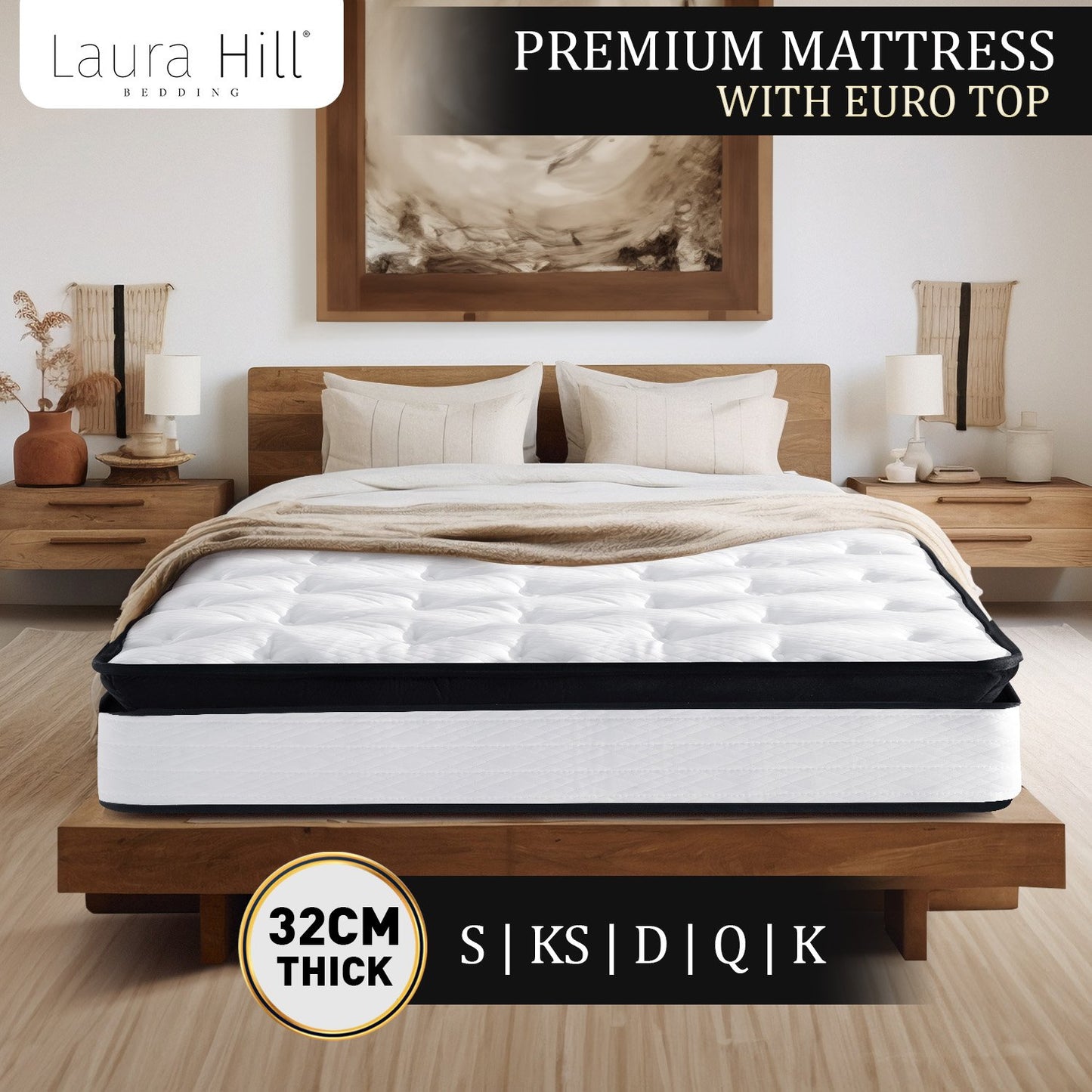 Laura Hill King Mattress Bed Size Euro Top 5 Zone Spring Foam 32cm Bedding Pocket