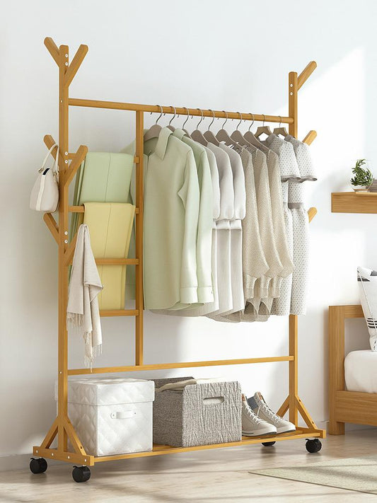 Portable Coat Stand Rack Rail Clothes Hat Garment Hanger Hook with Shelf Bamboo 9 Hook with Rack Rail Natural Finished