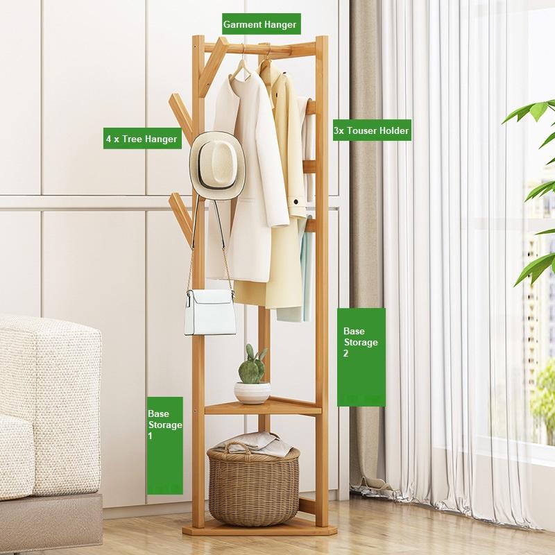 Bamboo Clothes Coat Rack Garment Stand Shelf Tree Hanger Bag Hat Hook Holder Natural