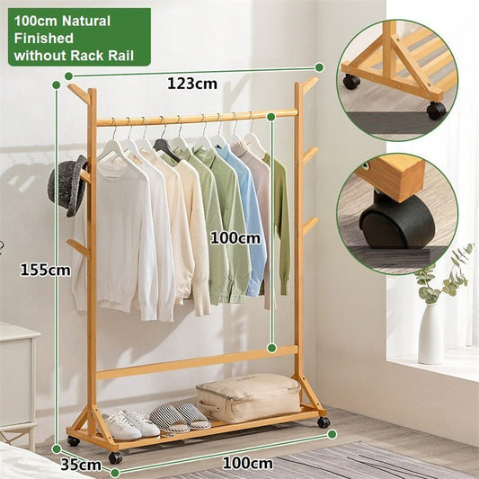 6 Hook No Rack Rail Natural Finished Portable Coat Stand Rack Rail Clothes Hat Garment Hanger Hook with Shelf Bamboo