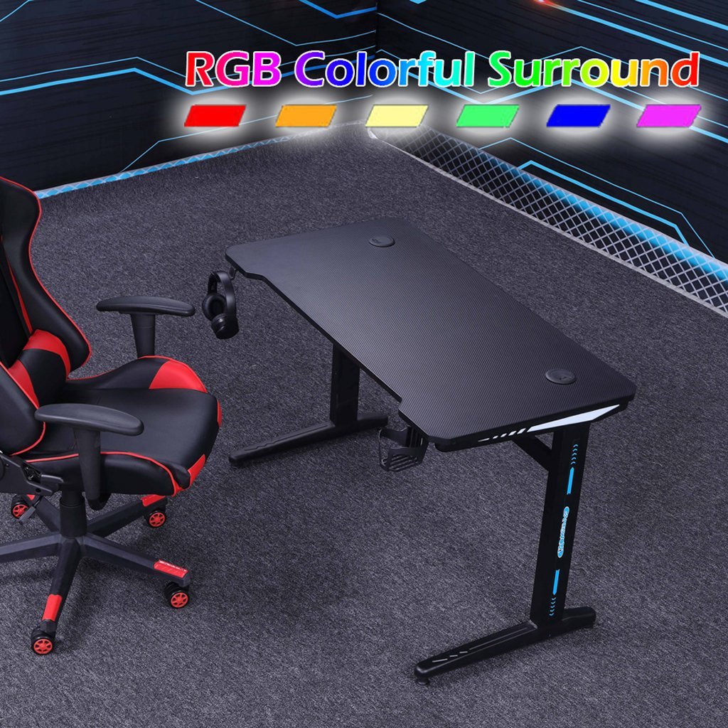 120cm RGB Embeded Gaming Desk Home Office Carbon Fiber Led Lights Game Racer Computer PC Table L-Shaped Black