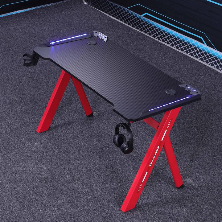 120cm RGB Gaming Desk Home Office Carbon Fiber Led Lights Game Racer Computer PC Table Y-Shaped Red